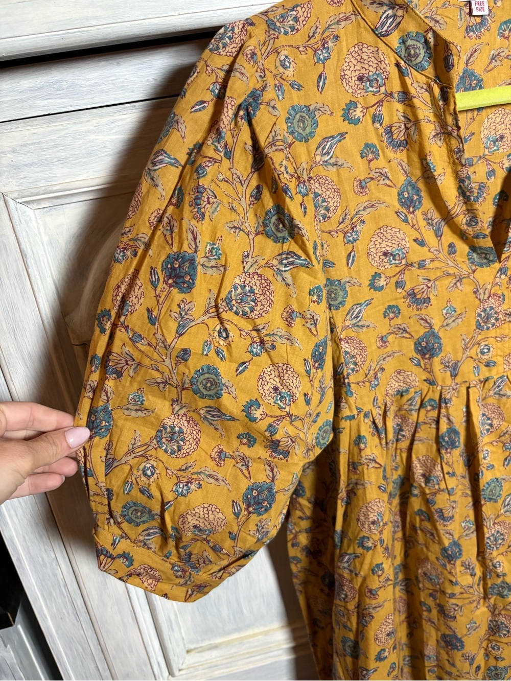 Golden Ochre Floral Block Print Empire Flowy Midi Dress European Effortless Boho - Picture 3 of 9